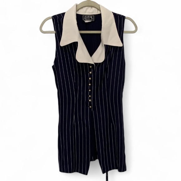 Vintage Dresses & Skirts - Vintage City Triangles Blue Striped Sleeveless Button Down Mini Dress